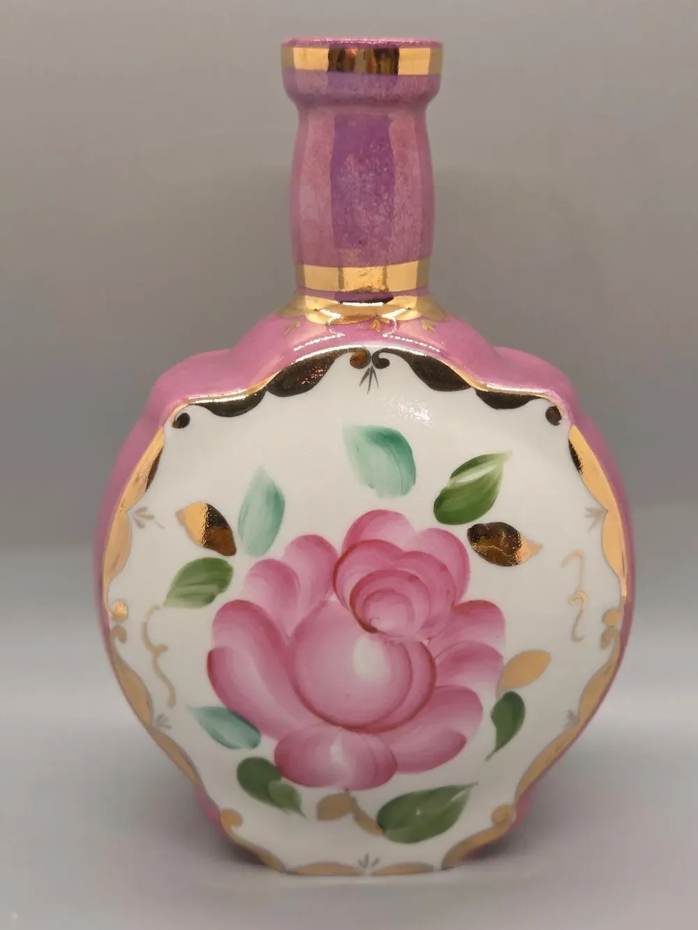 RARE vintage Soviet porcelain decanter pink rose w/ gold-gilded accents